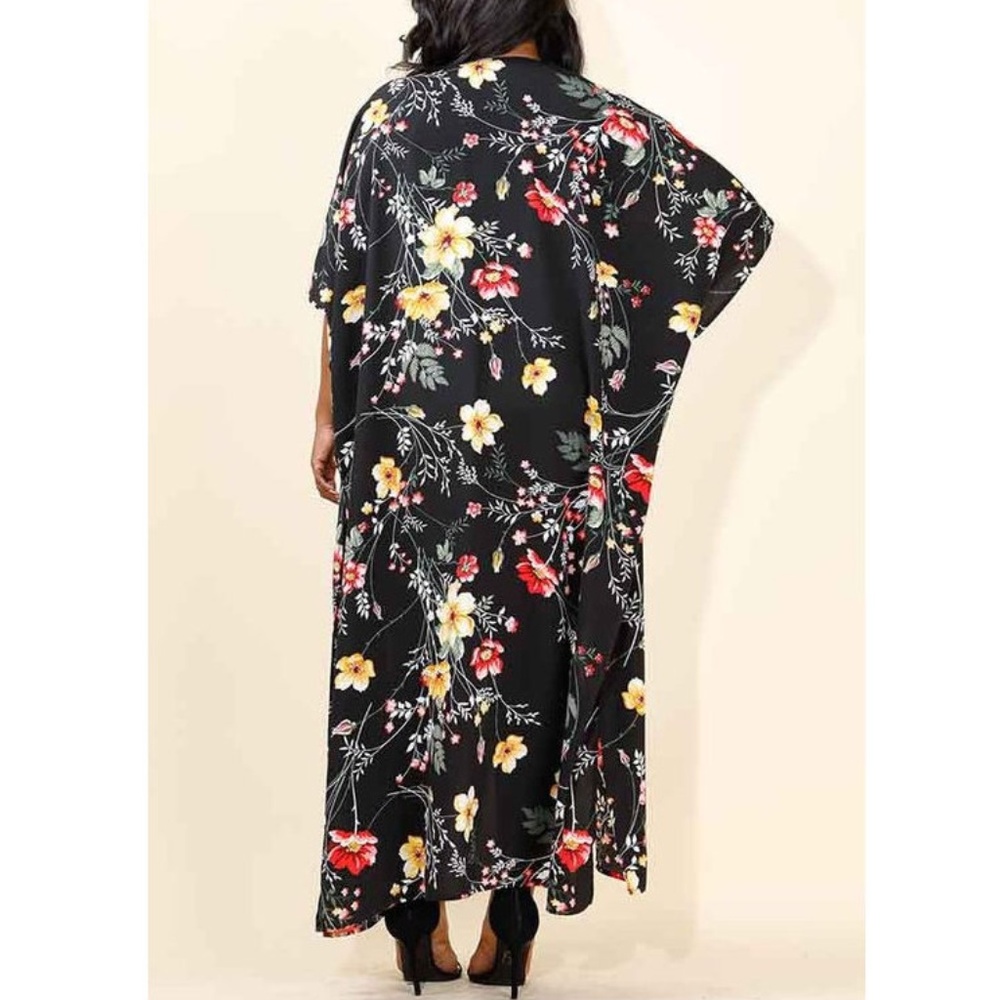 Black Floral Kimono Cardigan Duster Maxi Tunic - Picture 6 of 6